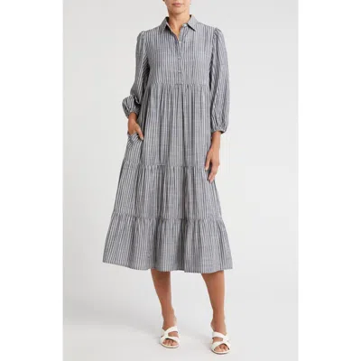 Max Studio Stripe Tiered Maxi Shirtdress In Indigo/ivory Stripe