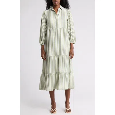 Max Studio Stripe Tiered Maxi Shirtdress In Offwhite/green Bld Twn Stripe