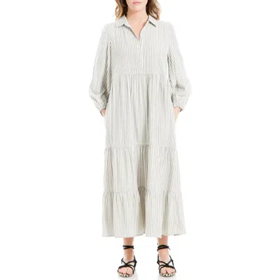 Max Studio Stripe Tiered Maxi Shirtdress In Olive/white Stripe