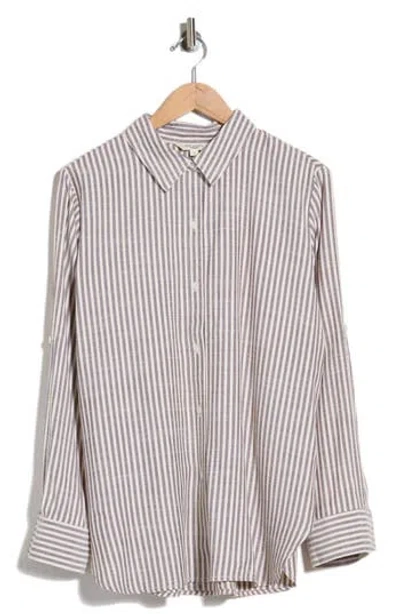 Max Studio Striped Long Sleeve Button Front Shirt In Oatmeal/ Cabernet Stripe