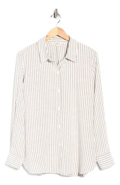 Max Studio Striped Long Sleeve Button Front Shirt In Taupe/ Black Contrast