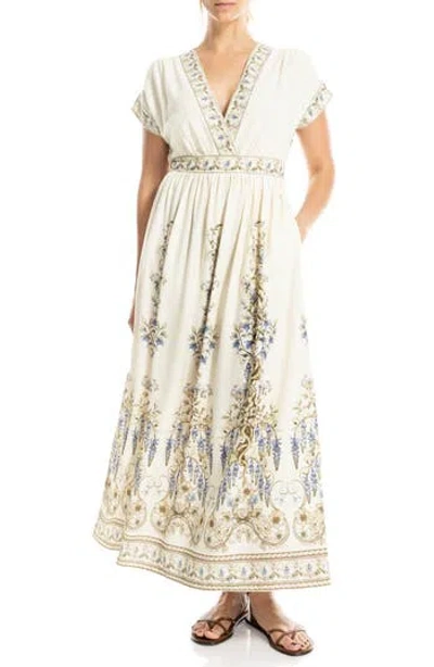 Max Studio Surplice Neck Short Sleeve Maxi Dress In Natural Floral Spikes