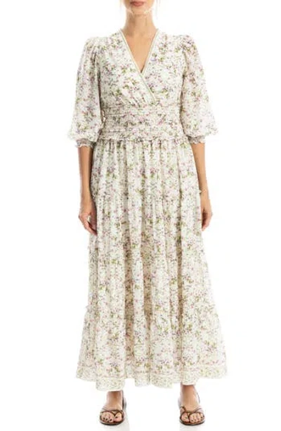 Max Studio Surplice Neck Smocked Waist Maxi Dress In Neutral