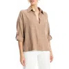 Max Studio Roll Tab Sleeve Popover Top In Neutral