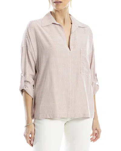 Max Studio Tab Sleeve Woven V-neck Shirt In Brown