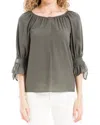Max Studio Text Grid Tie Elbow Slv Blouse