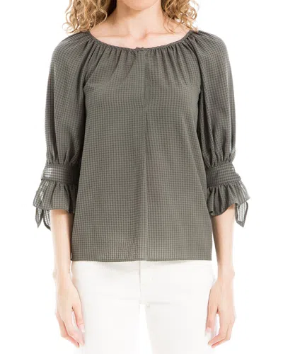 Max Studio Text Grid Tie Elbow Slv Blouse In Green