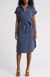 Max Studio Textured Short Sleeve Midi Shirtdress In Hindigo-heather Indigo