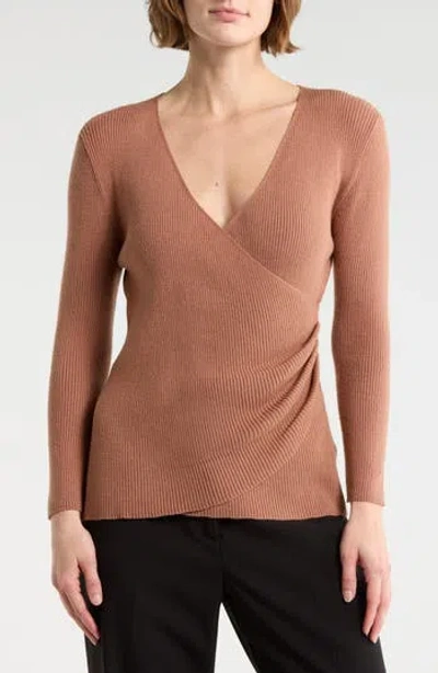 Max Studio Three-quarter Sleeve Faux Wrap Sweater In Brown