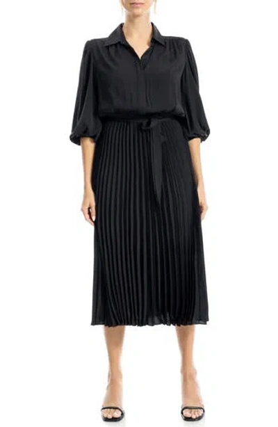 Max Studio Three-quarter Sleeve Satin Midi Shirtdress In Black