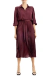 Max Studio Three-quarter Sleeve Satin Midi Shirtdress In Burgundy