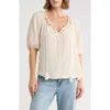 Max Studio Three Quarter Sleeve Split Neck Top In Neutral