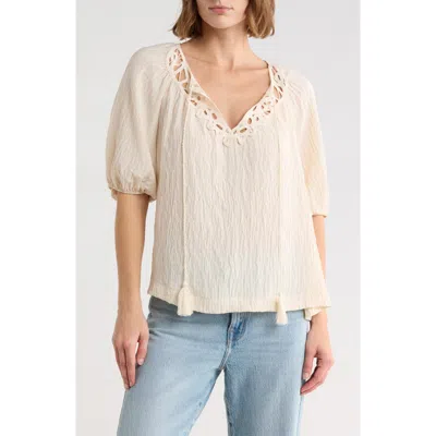 Max Studio Three Quarter Sleeve Split Neck Top In Neutral