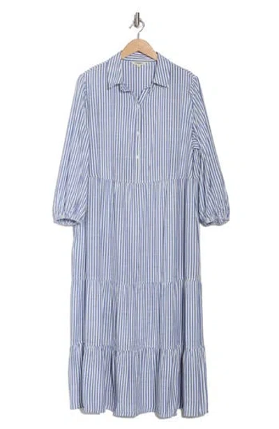 Max Studio Three-quarter Sleeve Tiered Shirtdress In Denim Stripe