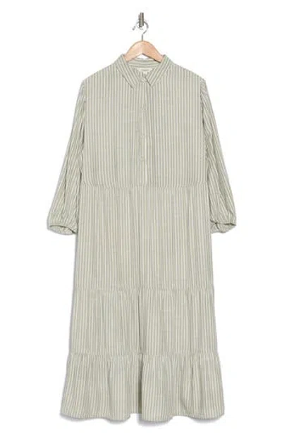 Max Studio Three-quarter Sleeve Tiered Shirtdress In Olive Grand Stripe