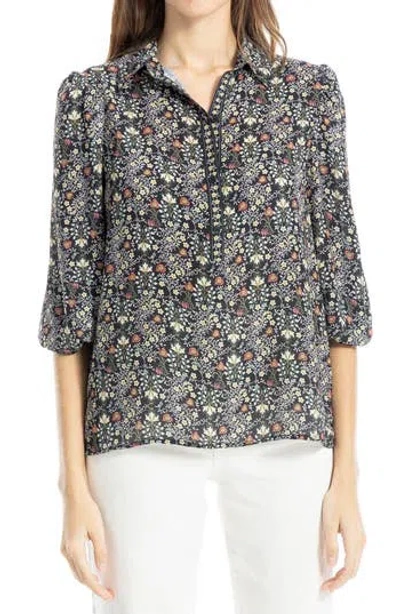 Max Studio Three Quarter Sleeve Top In Black/sage Flower