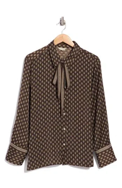 Max Studio Tie Neck Satin Button-up Shirt In Chocoalte Mousse Mini Foulards