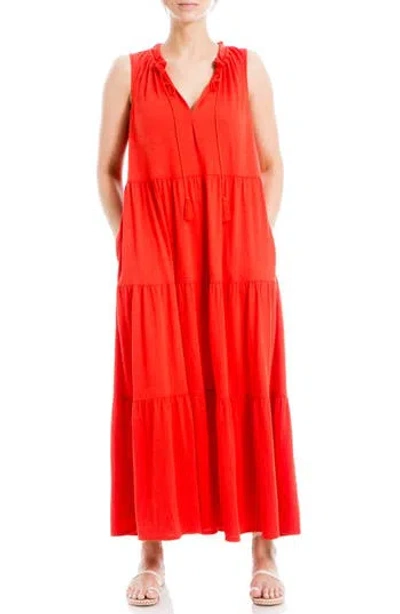 Max Studio Tie Neck Tiered Jersey Maxi Dress In Red
