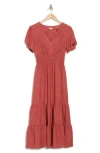 Max Studio Tiered Crepe Maxi Dress In H. Washed Red