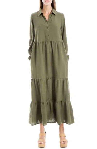 Max Studio Tiered Long Sleeve Shirtdress In Olive-olive