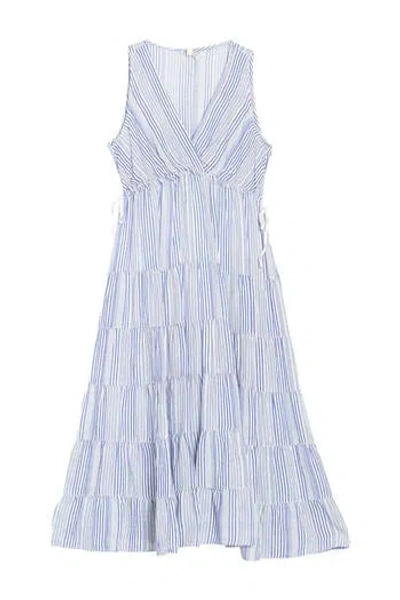 Max Studio Tiered Sleeveless Midi Dress In Cream/blue