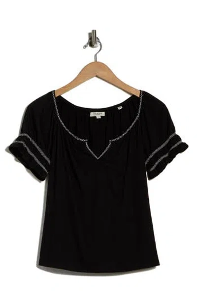 Max Studio Topstitched Puff Sleeve Crepe Top In Black
