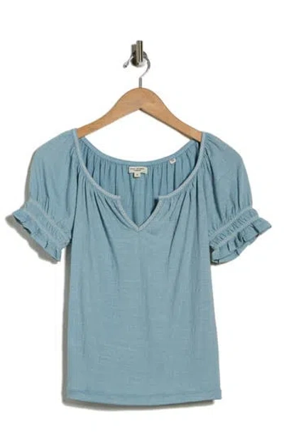 Max Studio Topstitched Puff Sleeve Crepe Top In Blue