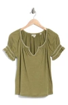 Max Studio Topstitched Puff Sleeve Crepe Top In Green