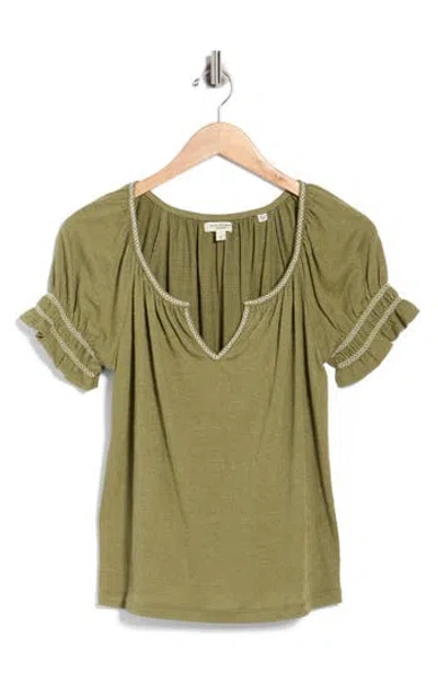 Max Studio Topstitched Puff Sleeve Crepe Top In Green