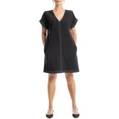 Max Studio V-neck Contrast Stitch Dress In Black