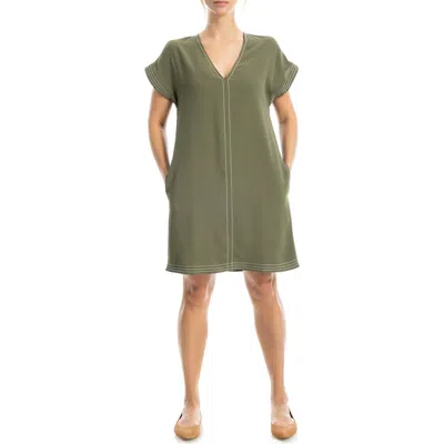 Max Studio V-neck Contrast Stitch Dress In Green