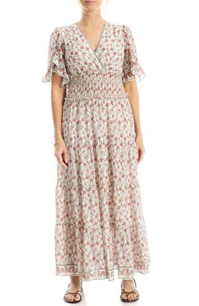 Max Studio V-neck Flutter Sleeve Smocked Waist Maxi Dress In Gray