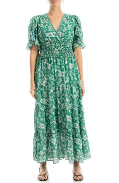 Max Studio V-neck Flutter Sleeve Smocked Waist Maxi Dress In Green