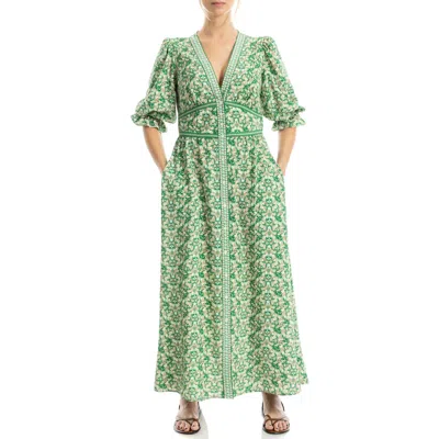 Max Studio V-neck Puff Sleeve Maxi Dress In Green