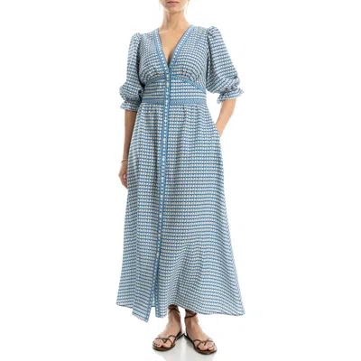 Max Studio V-neck Puff Sleeve Maxi Dress In Blue
