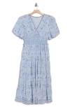 Max Studio V-neck Puff Sleeve Tiered Dress In Blue
