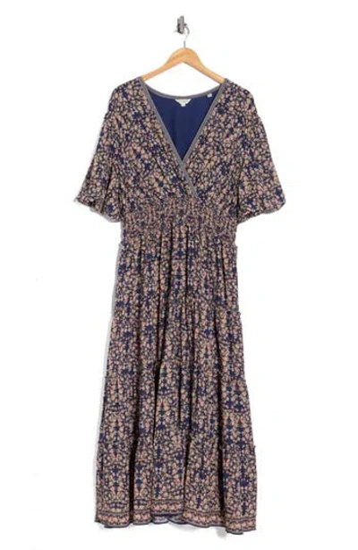 Max Studio V-neck Puff Sleeve Tiered Dress In Blue
