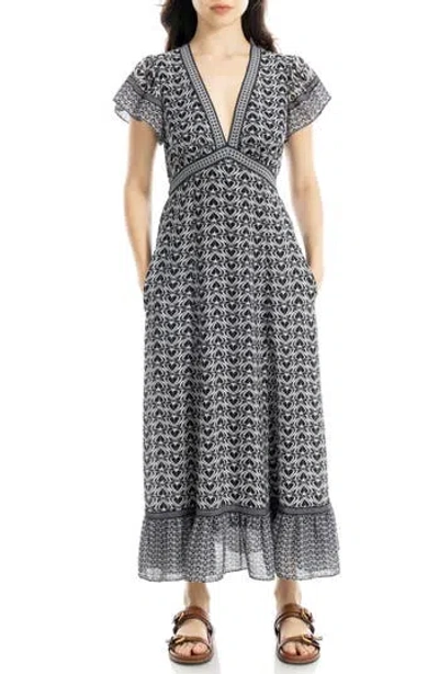 Max Studio V-neck Ruffle Sleeve Maxi Dress In Gray