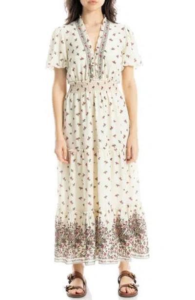 Max Studio V-neck Short Sleeve Tiered Maxi Dress In Multi