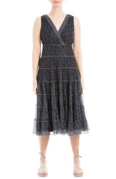 Max Studio V-neck Sleeveless Mesh Midi Dress In Black Polka Dot