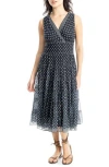 Max Studio V-neck Sleeveless Mesh Midi Dress In Black/ecru/shadow Dots