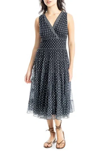 Max Studio V-neck Sleeveless Mesh Midi Dress In Black/ecru/shadow Dots