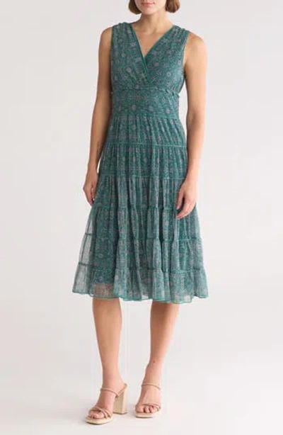 Max Studio V-neck Sleeveless Mesh Midi Dress In Teal