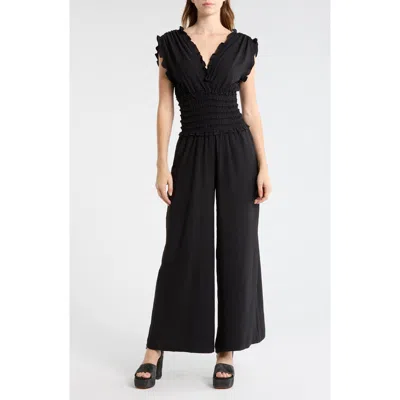 Max Studio V-neck Smocked Waist Jumpsuit In Black