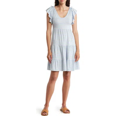 Max Studio V-neck Tiered Dress In Chambray/ivory Even Stripe