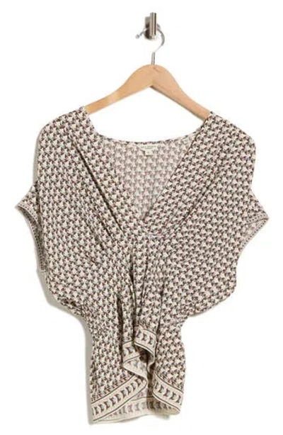 Max Studio V-neck Short Sleeve Pleated Top In Crm/ Brown Flutters Waltz
