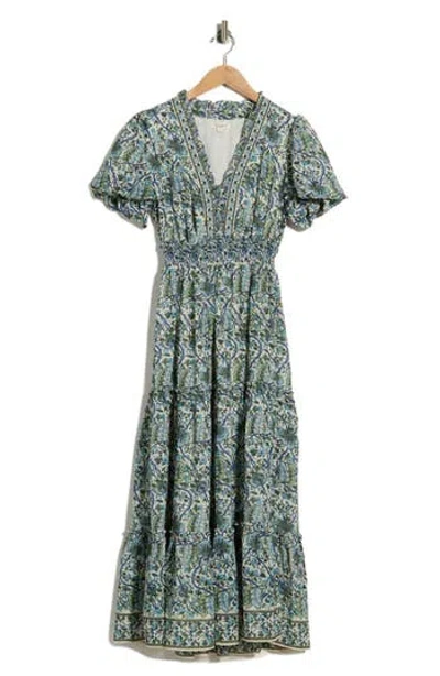 Max Studio V-neck Short Sleeve Tiered Maxi Dress In Cmblulff-cream/ Blue