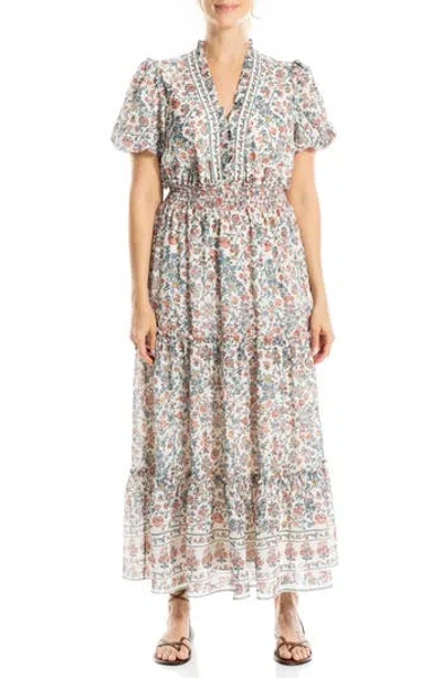 Max Studio V-neck Short Sleeve Tiered Maxi Dress In Pink/ Teal Floral Vine