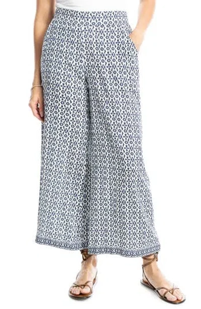 Max Studio Wide Leg Pull-on Crop Pants In Indgo/crm Ornt Elgnc