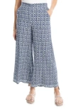 Max Studio Wide Leg Pull-on Crop Pants In Navy Blue Print